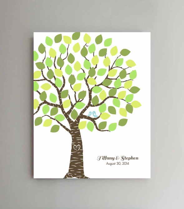 wedding guest book, tree with printed leaves